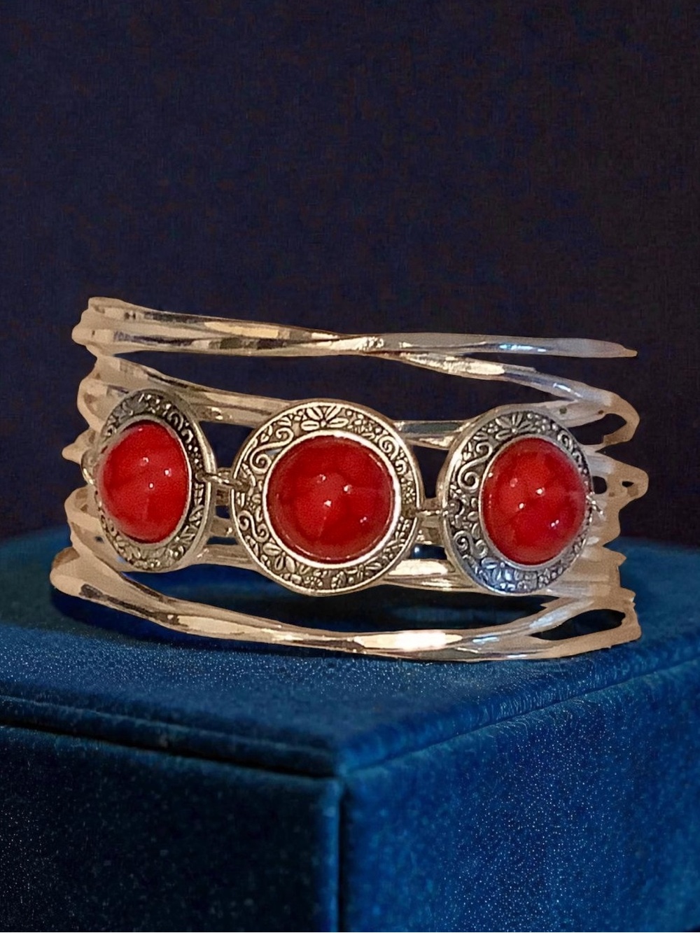 Silver-Tone Cuff Bracelet with Red Cabochon Medallions . NWOT